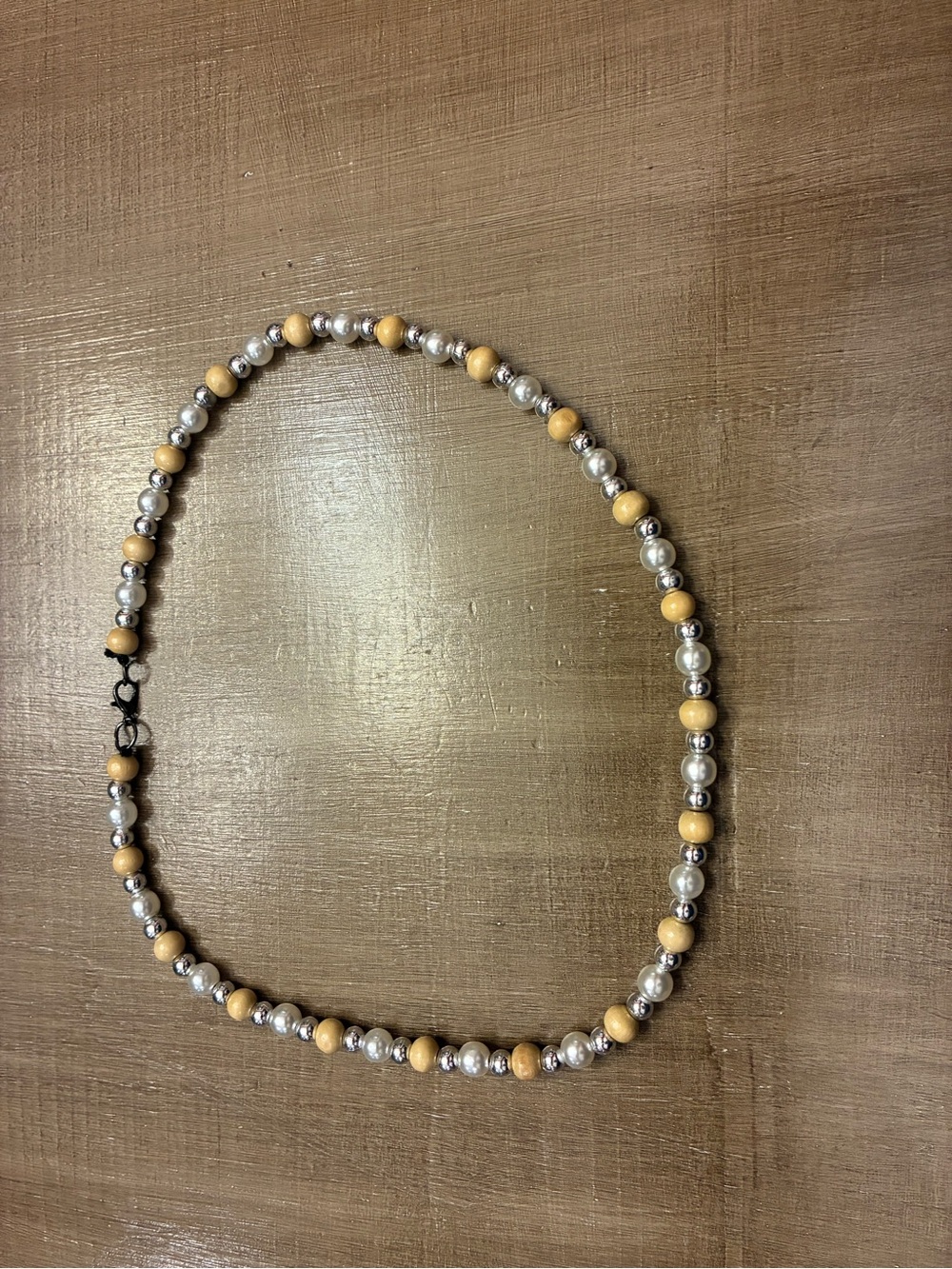Wood and Silver Beaded Necklace - Natural Wood & Silver